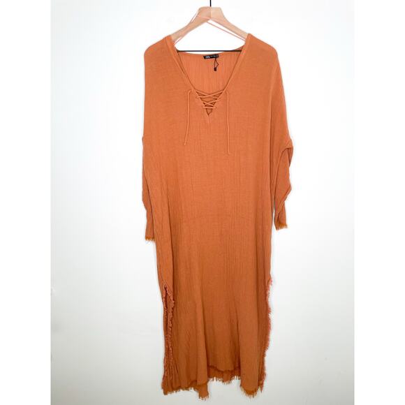 Zara Kaftan Swim Cover Up Dress Size M/L Brown Frayed Flowy Festival Hippie - Picture 2 of 9